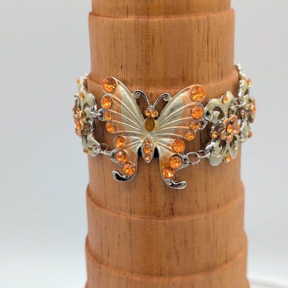 Gold And Silver Tone Enamel Butterfly Floral Link Bracelet Orange Rhinestone - Picture 11 of 16